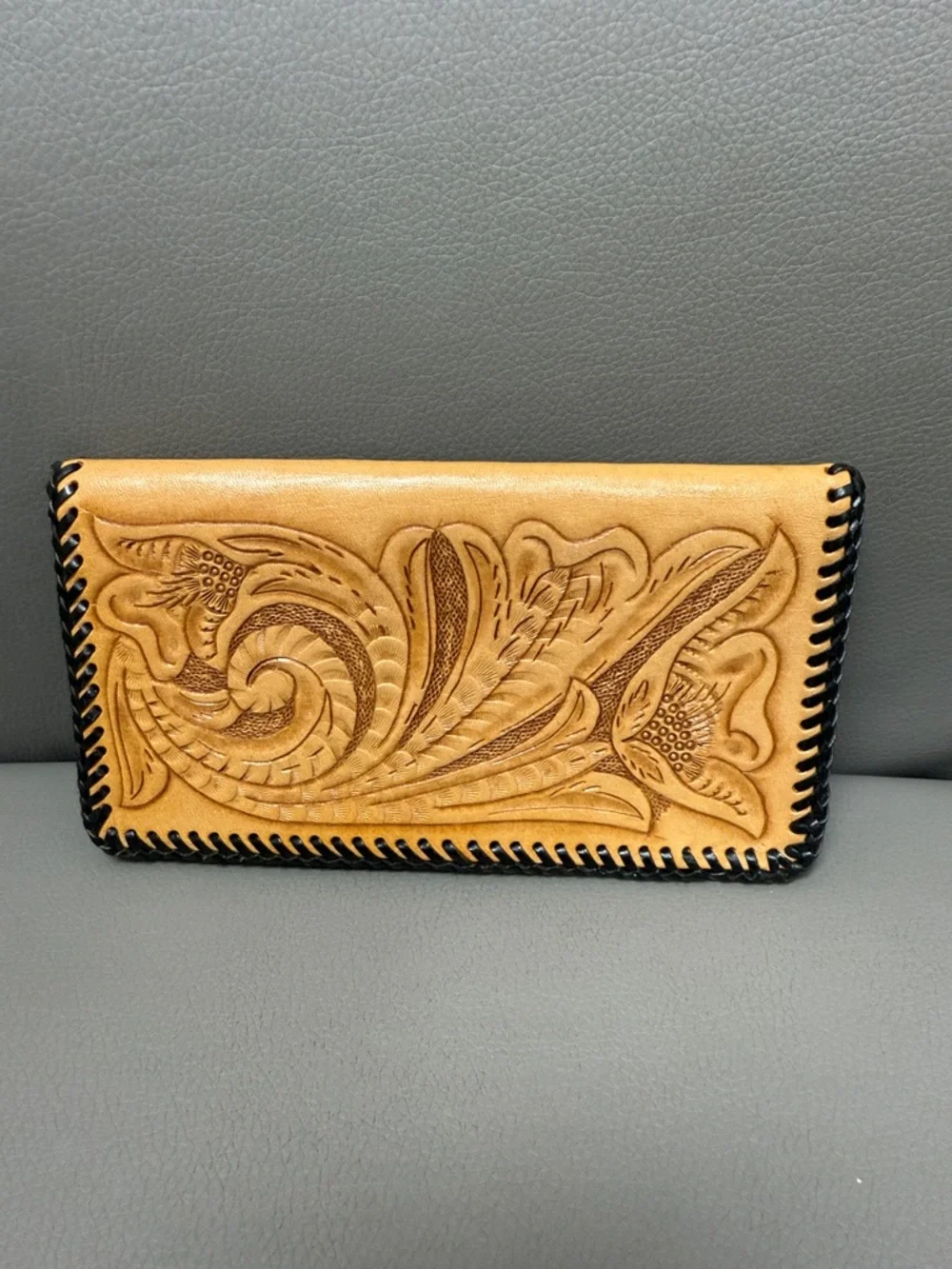 Hand-Tooled Leather Wallet with Floral Carving - Tan